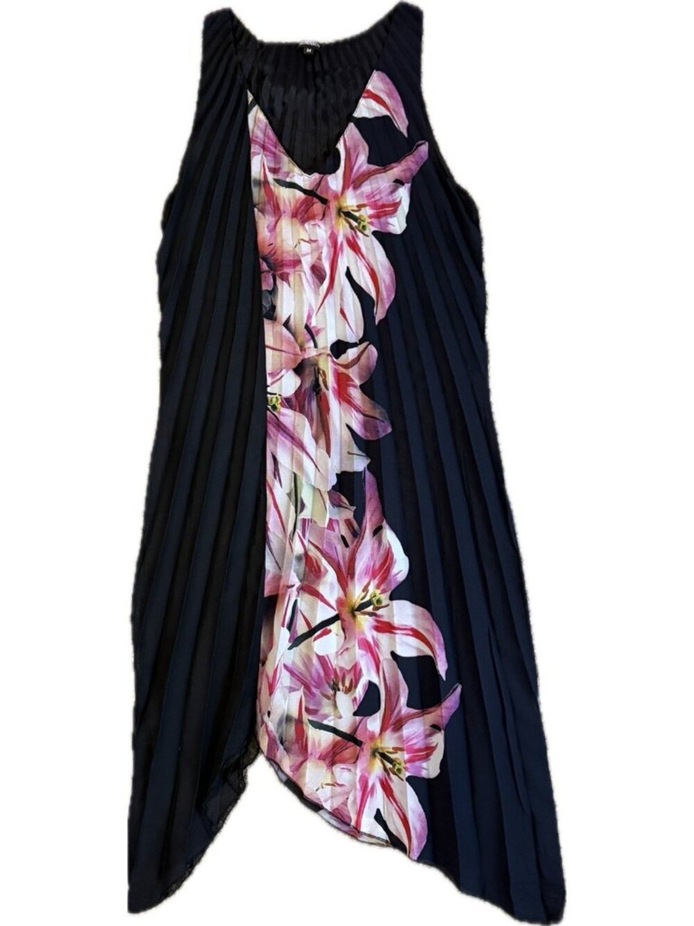 Komarov M Midi Dress Sheer Pleated Overlay Sleeveless Stargazer Lily Trapeze